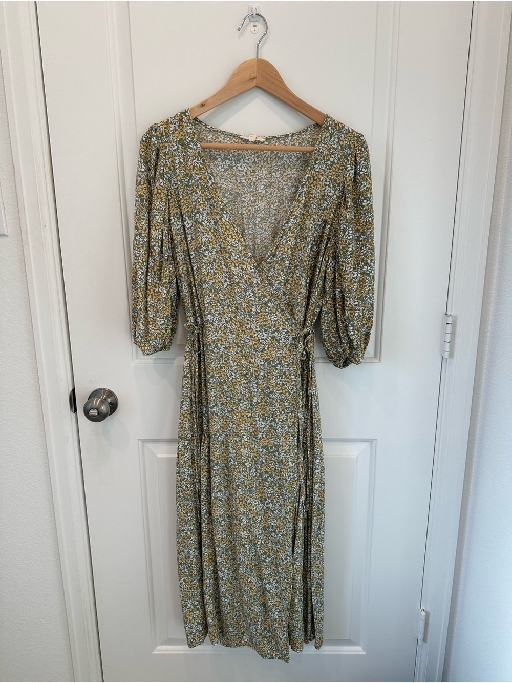 easel Olive Green Floral Wrap Midi Dress with Puff Sleeves